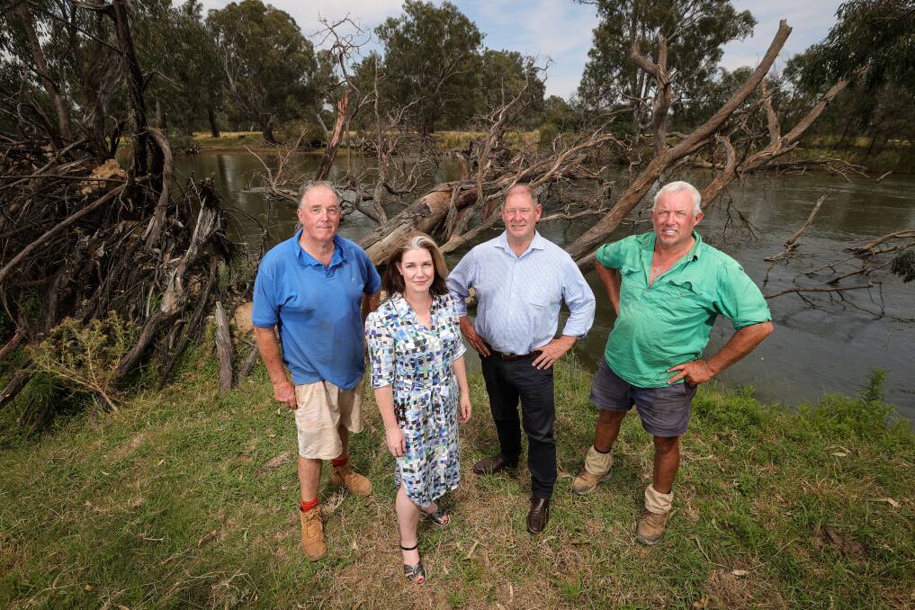 Murray River Action Group chair Richard Sargood, opposition agriculture spokesperson Emma Kealy, and Ovens Valley MP Tim McCurdy visited Andrew Watson's Bungowannah property to see first hand the impact of increased environmental flows on riverbank erosion. Picture by James Wiltshire