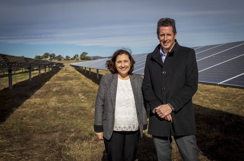 Victorian energy minister Lily D'Ambrosio and Pacific Partnerships' executive general manager Graham Whitson at the Glenrowan Solar Farm official opening. Picture by Layton Holley