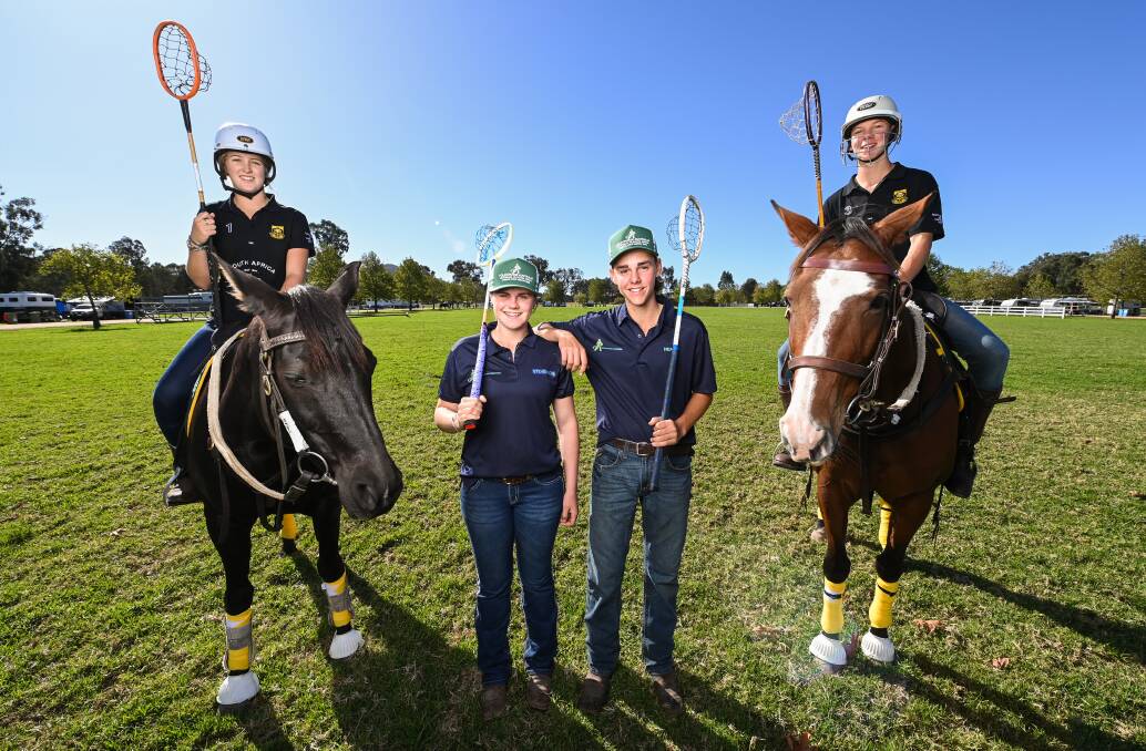 The Albury Autumn Polocrosse Classic hits the Border this week. On horseback is team South Africa's Olivia King, 15, and Ruben Vorster, 16, with team Australia's Zoe Stevenson, 15, from Orange and Jim Henry, 16, from Holbrook. Picture by Mark Jesser