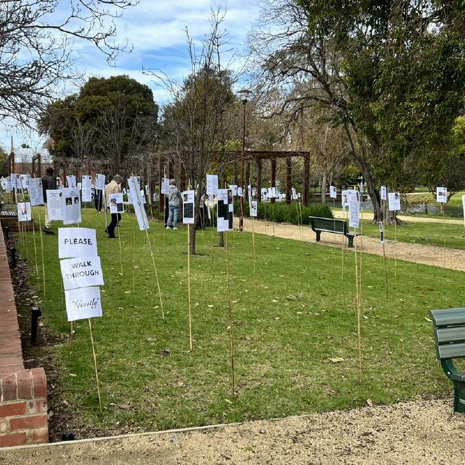 The silent vigil "Forest of the Fallen", showing the names and stories of people allegedly injured by COVID-19 vaccines at Deniliquin's Waring Gardens. Picture from Facebook