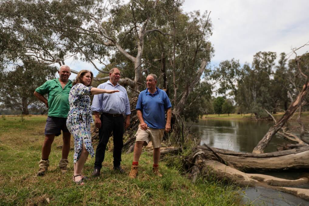 The group looking at one of 52 trees that fell into the river on the Bungowannah property in September 2022. Picture by James Wiltshire