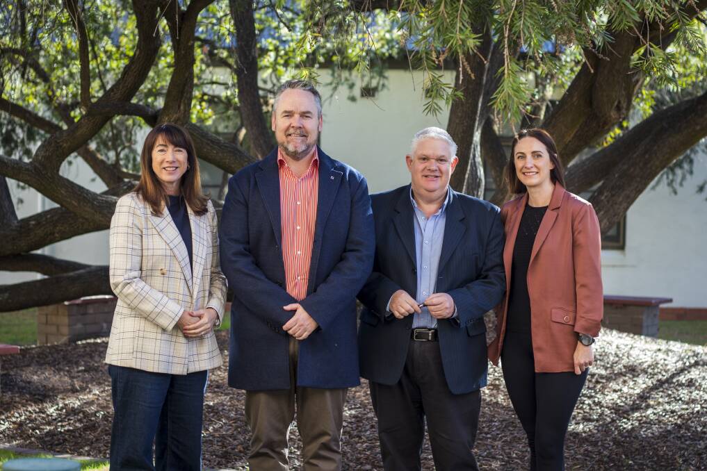 Albury mayor Kylie King, head of NBN local NSW Tom O'Dea, Albury Business Connect general manager Glen Robinson and Business NSW Murray Riverina Partnerships manager Shanna McDonald met in Albury to discuss the impact of NBN's new fibre upgrade. Picture by Layton Holley