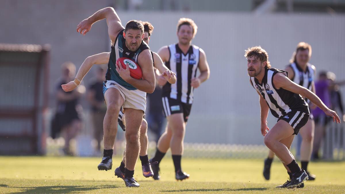 Power ruckman Callum Butler bursts from a contest at Urana Road Oval on Saturday.