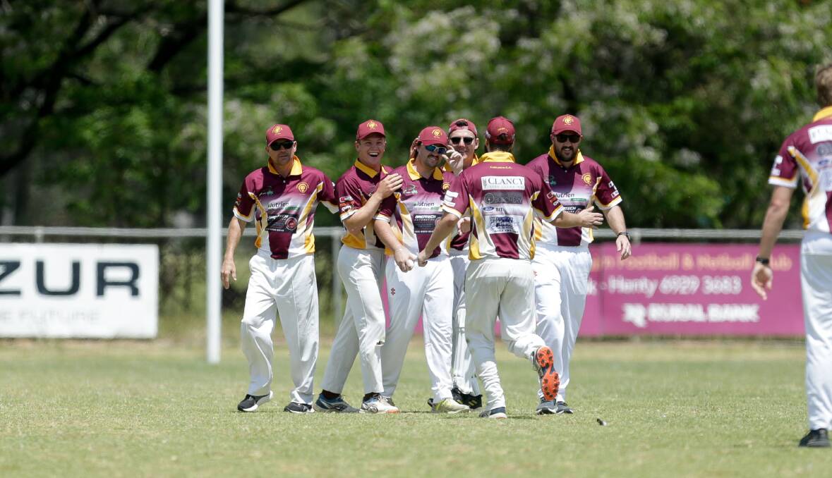 Culcairn celebrates a wicket against Holbrook at Culcairn Sportsground on Saturday. Picture by Tara Trewhella
