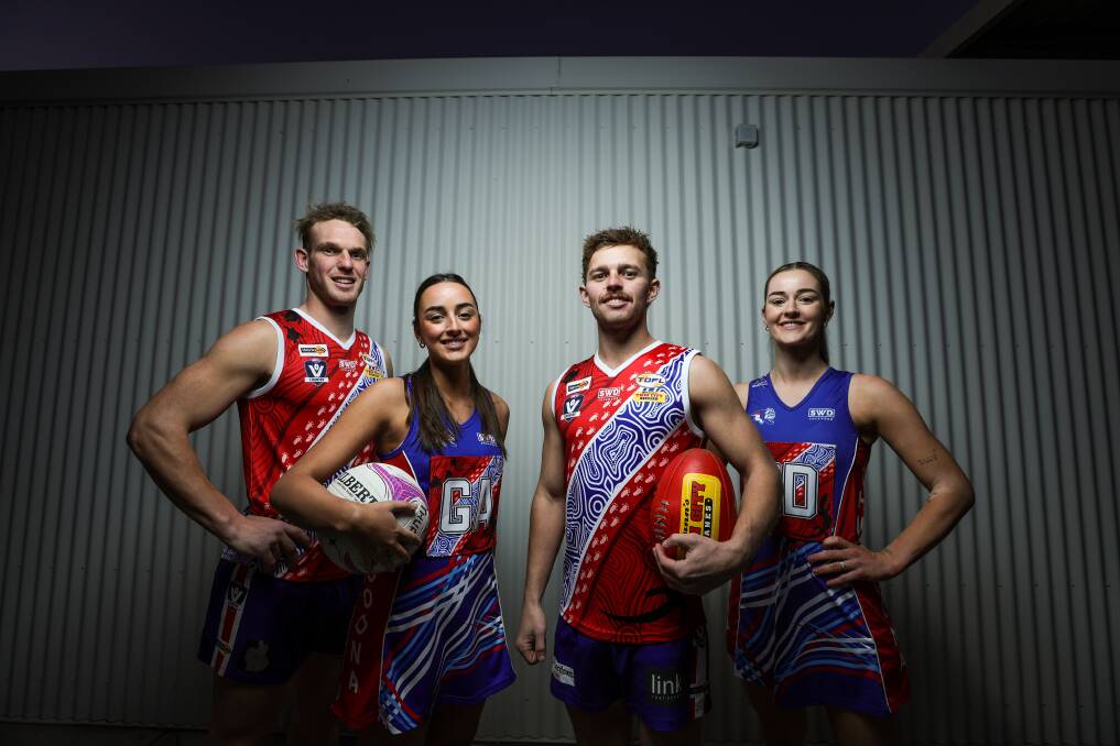 Thurgoona's Luke Gerecke, Amelia McAlister, Tom Rake and Giaan Collings showcase the club's NAIDOC Round jumpers and bibs designed by Kiewa Austin-Rioli. Picture by James Wiltshire