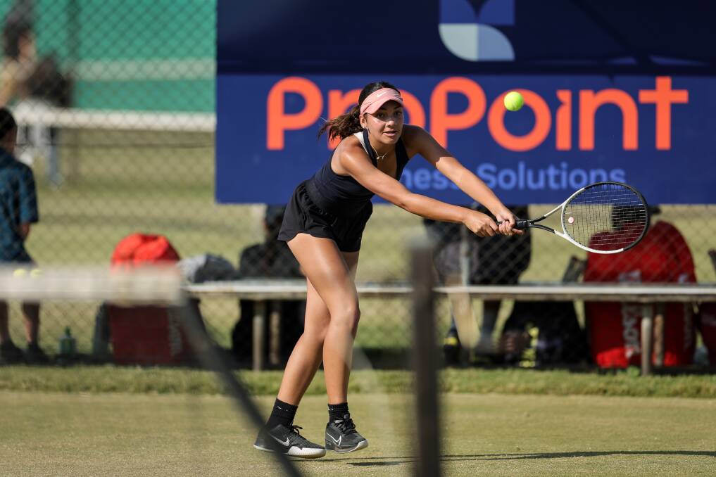 Border teenage tennis star Phoebe Godward-Smith in action during the open women's singles final at the Albury Easter tournament. Picture by James Wiltshire.