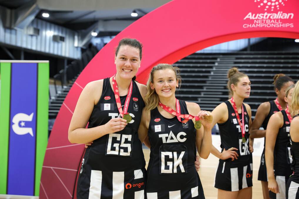 Jane Cook and Sophie Hanrahan after helping Collingwood to a gold medal at the Australian Netball Championship. Picture by Sophie Taylor/Netball Australia.