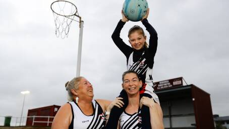 Heather Campbell has joined her granddaughter Alison Batt, 9, and daughter Tegan Batt at Wodonga Saints this season, with all three generations playing netball for the club. Picture by Phoebe Adams