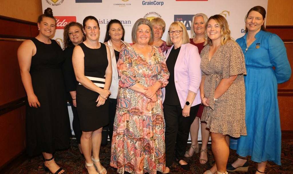 Former Hume Netball Association president Carla Fletcher (front centre) with the 2023 Hume Netball committee. Picture: HNA Facebook
