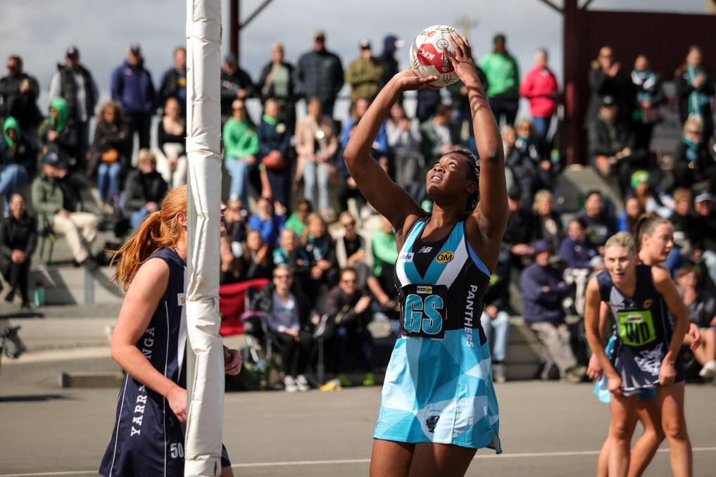 Goal shooter Christine Oguche in action for Lavington during the 2023 Ovens and Murray League finals series. File picture by James Wiltshire