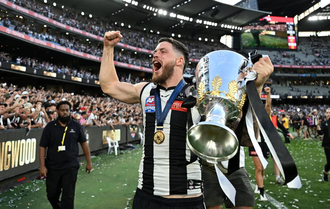 Jack Crisp celebrates after Collingwood was crowned the 2023 AFL premiers. Pictures by AAP PHOTOS