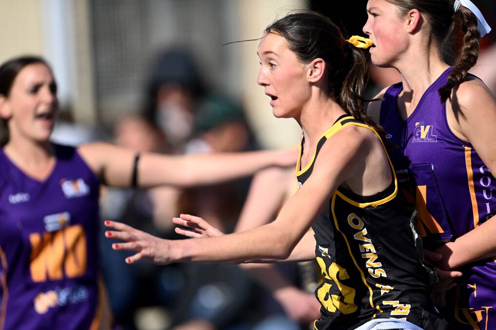 Lily Lister in action for the Ovens and Murray League's victorious 15-under side against the Goulburn Valley League in Shepparton on Saturday. Picture by Megan Fisher - Shepparton News.
