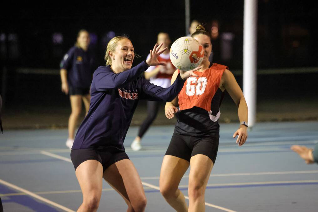 Wodonga Raiders' goaler Emily Stewart was all smiles at the recent Ovens and Murray open interleague netball training at Wangaratta ahead of the clash against the Goulburn Valley League. Picture by James Wiltshire.