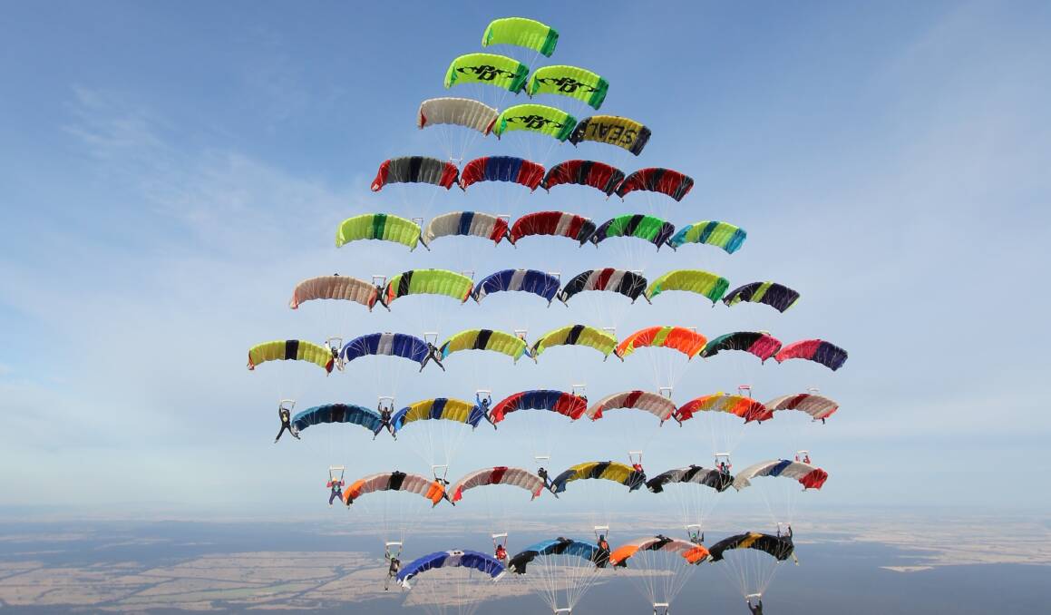 SKY HIGH: The incredible 40-way canopy skydiving record was one of three records set in the sky above Nagambie in central Victoria late last month.