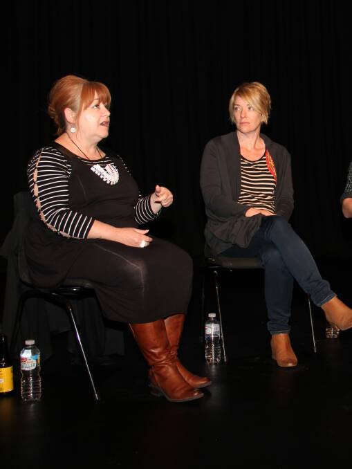 ON STAGE: Lyn Wallis and Karen Gardner discuss excellence in regional areas at the HotHouse Theatre on Monday night.  Picture: DAVIS HARRIGAN