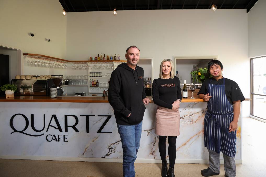 Cofield Wines owner Damien Cofield, marketing manager Bronwyn Tyrell and chef Fabian Lalrammawia welcome the new Quartz Cafe to the fold. Picture by James Wiltshire
