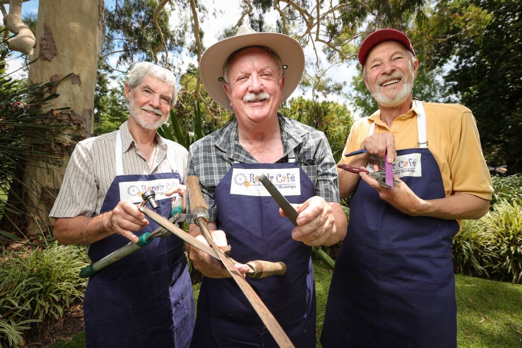 Repair Cafe Albury Wodonga volunteers Bruce Nulty, Bill Meek and Russell Renfrey can show green thumbs how to maintain their garden tools. Picture by James Wiltshire