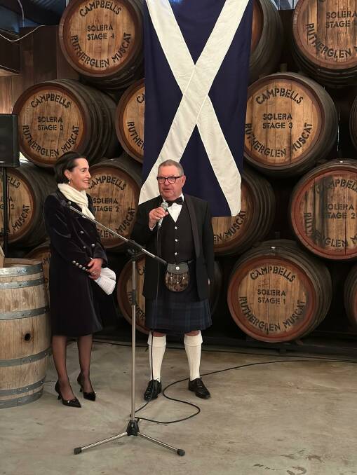 Campbells Wines managing director Jane Campbell and television and radio broadcaster Steve Price discuss the contenders for best knees and Scottish garb. Picture by John Chanter