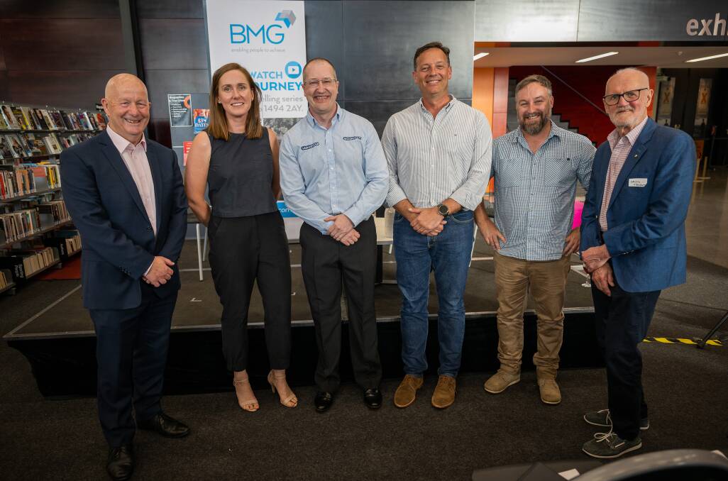 BMG Partners director and financial adviser Stephen Mamouney, Jacquie Koschitzke, Matt Griffith, Alex Smit, James Crook and Albury City Cr David Thurley at Albury LibraryMuseum on Tuesday. Picture by Travis Cartwright
