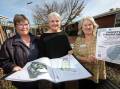 Tallangatta Health Service environmental services manager Estelle Star, Websters Estate owner Jo Wade and Tallangatta Health Service chief executive Vicki Pitcher with plans for the Lakeview Sensory Garden. Picture by James Wiltshire