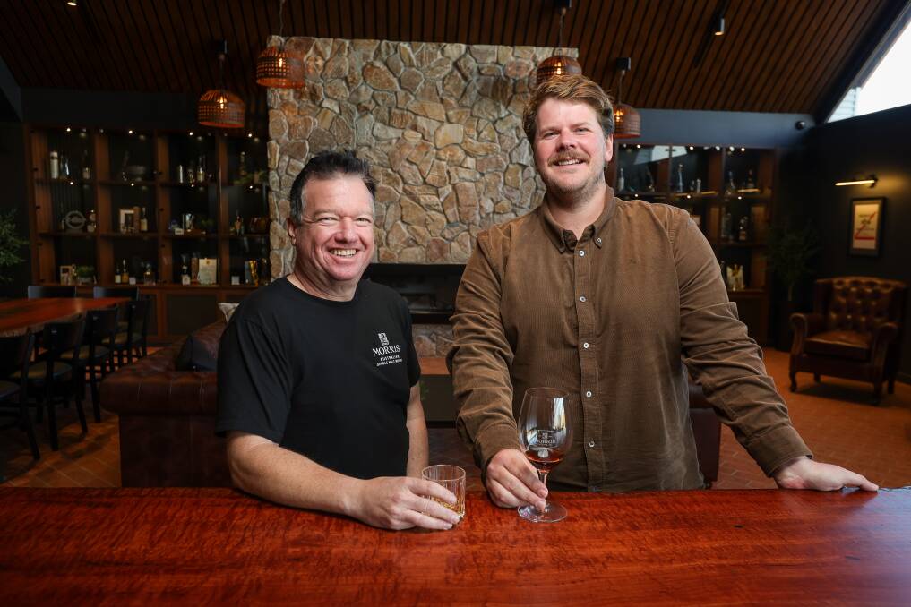 Morris of Rutherglen head distiller Darren Peck and sixth-generation winemaker Madden Morris welcome the major investment in destination tourism. Picture by James Wiltshire