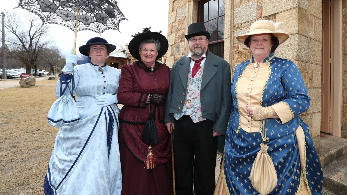 Kylie Hayman, Pauline Finlay, Jason Hayman and Margaret Thornhill enjoy putting on their period outfits for the Ned Kelly Weekend. Picture: JAMES WILTSHIRE