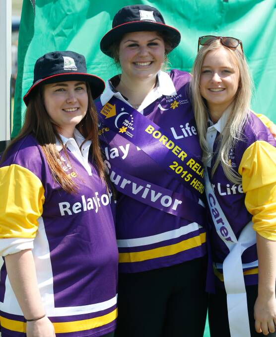 RELAY VETERANS: Gemma Chapman, 2015 Hero Breanne Shaw and Shana Wilcox enjoyed survivors and carers coming together. Pictures: MARK JESSER