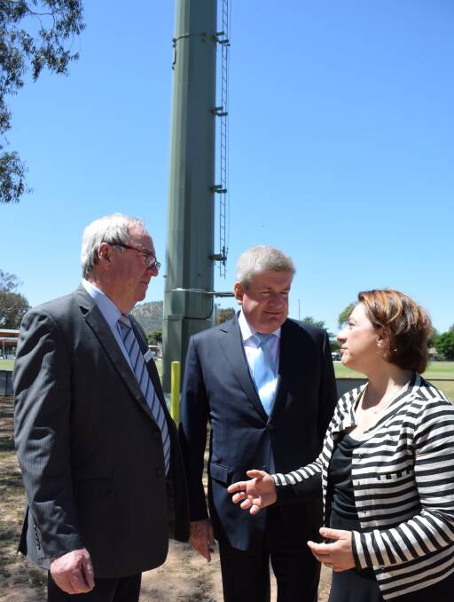 TOUR OF THE TOWERS: Bernard Gaffney, Mitch Fifield and Sophie Mirabella visited Barnawatha's new NBN tower. Picture: SHANA MORGAN