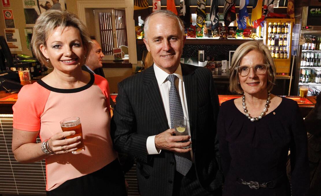 Support for the PM: Sussan Ley with Prime Minister Malcolm Turnbull and wife Lucy at Soden's Hotel in Albury last time they visited the city in 2013.