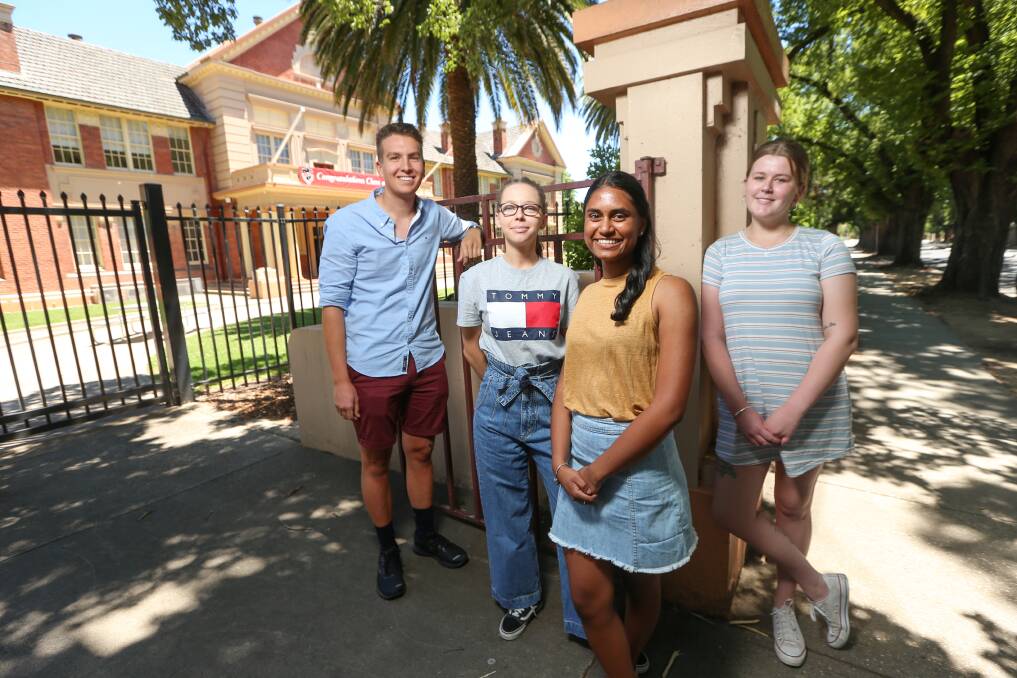 RESULTS ARE IN: Albury High School students Nick Hobbs, Ebony Strauss, Nivetha Pathmanathan, Chevy Parker. Picture: JAMES WILTSHIRE