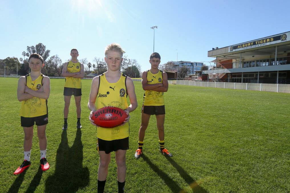 GUTTED: Albury junior footballers Blake Tinworth, Caleb Clemson, Ryan Tinworth and Wadih El-Achkar learnt this week that there would be no AWJFL season this year due to the COVID-19 pandemic. Picture: TARA TREWHELLA.
