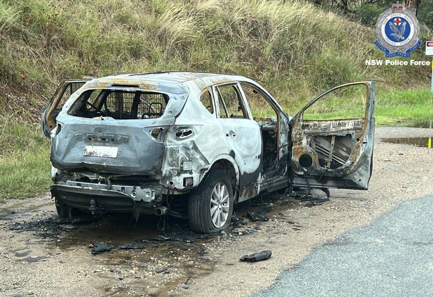 A Mazda CX5 allegedly stolen in Gobbagombalin on Sunday evening was found burnt out on Roach Road at Moorong about 12.40pm the following day. Picture by NSW Police