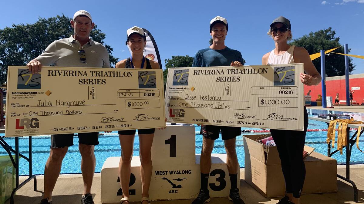 DOMINANT VICTORY: Julia Hargreave and Jesse Featonby (middle) completed a clean sweep of the Riverina Tri Series at West Wyalong on Saturday. Picture: Riverina Tri Series 