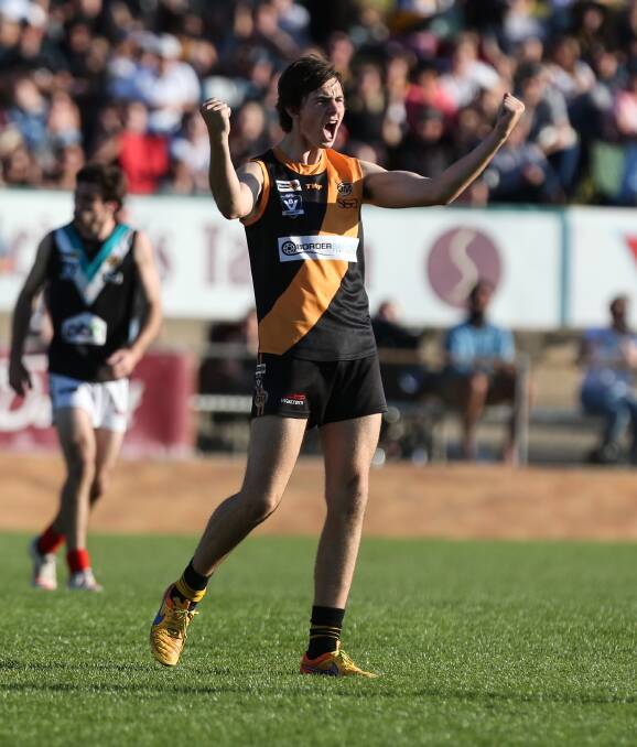 ON A ROLL: Albury young gun Zach Sproule celebrates his third quarter goal in the Ovens and Murray grand final against Lavington. Picture: JAMES WILTSHIRE