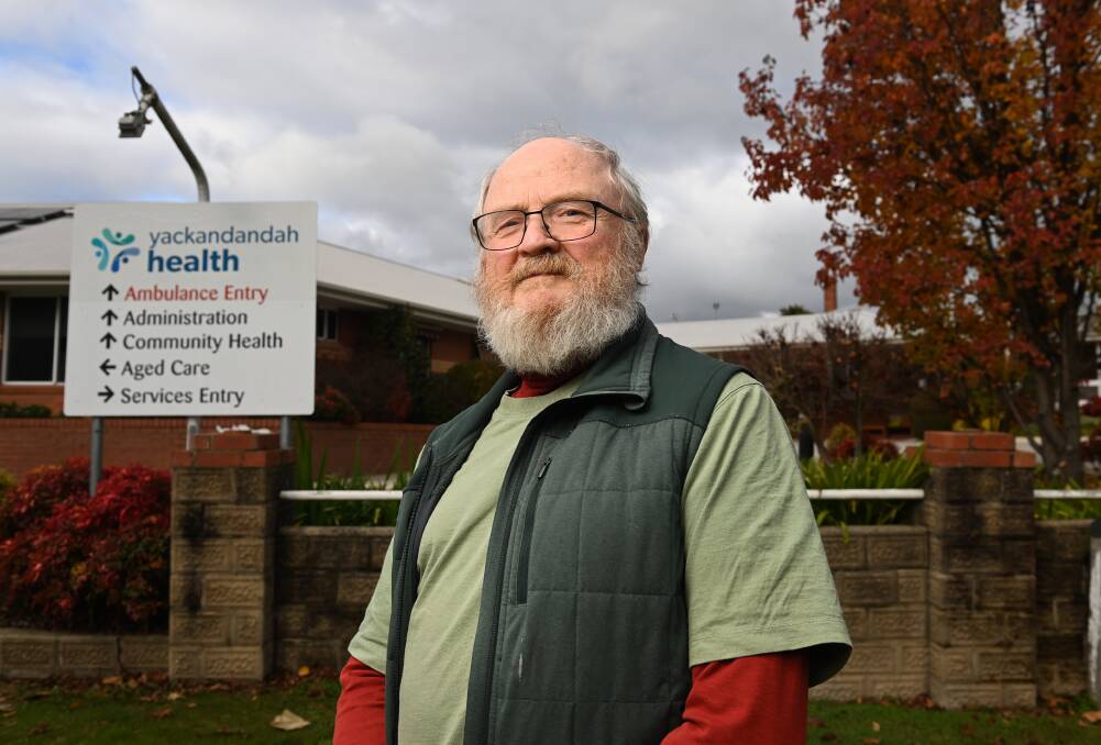 Doug Westland at Yackandandah Health's campus which continues to have a cloudy future after a takeover by Apollo Care was snubbed.