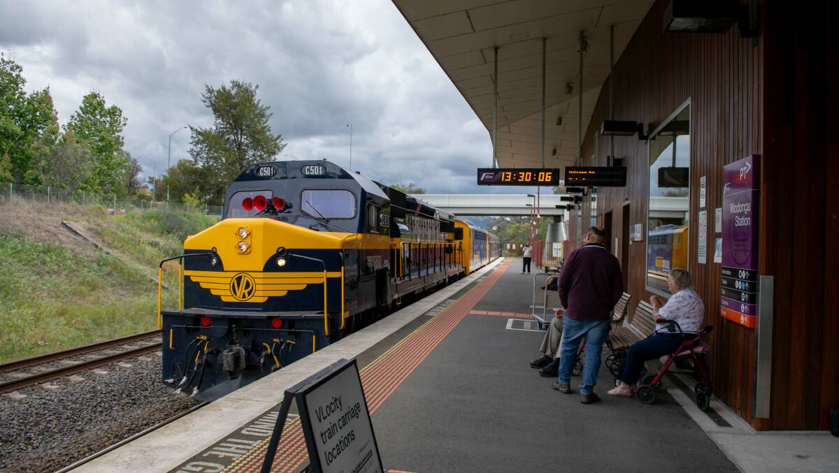 Locomotive C501, also known as George Brown and dating from 1977, hauls N Class and Spirit of Progress carriages into Wodonga railway station. Picture by Tara Trewhella