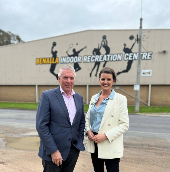 Victoria's Nationals leader Peter Walsh and Euroa MP Annabelle Cleeland at Benalla's indoor stadium which they want replaced. 