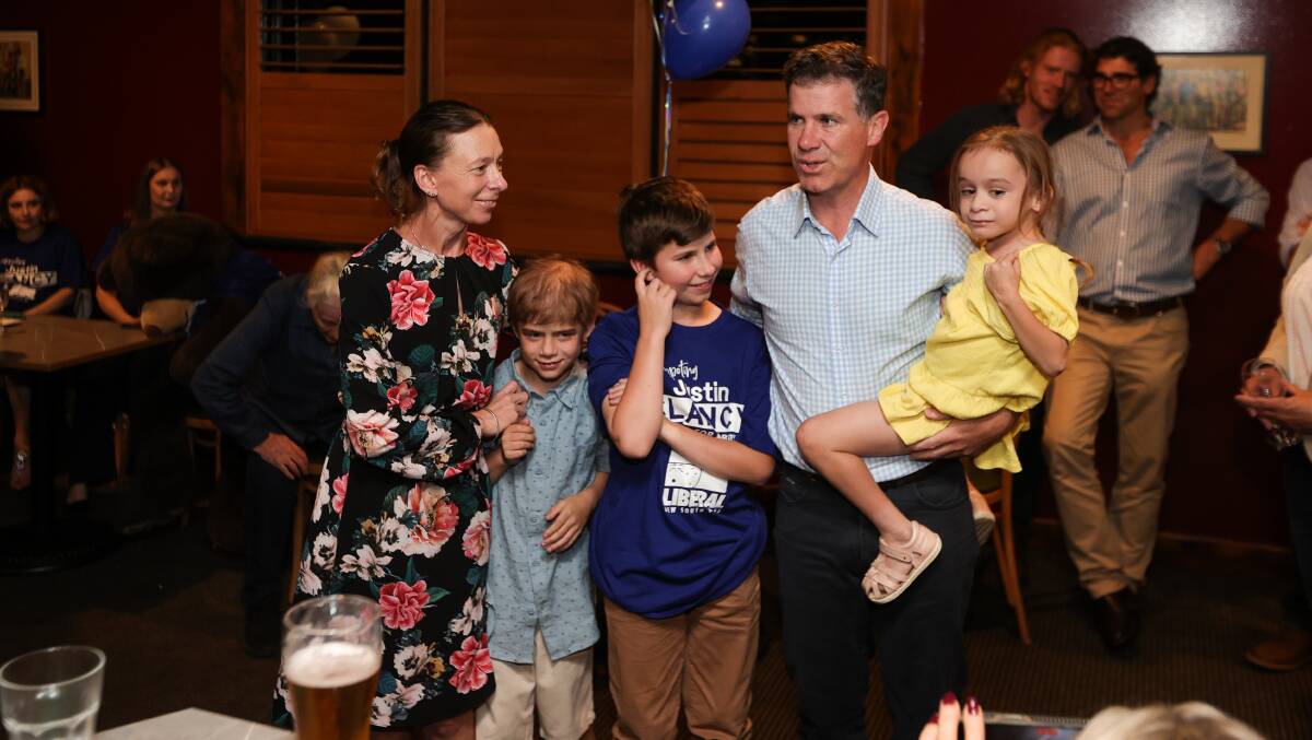 Justin Clancy with his wife Tabitha and their children Seamus, Xavier and Natalie at his election night party at Brady's Railway Hotel. Picture by James Wiltshire
