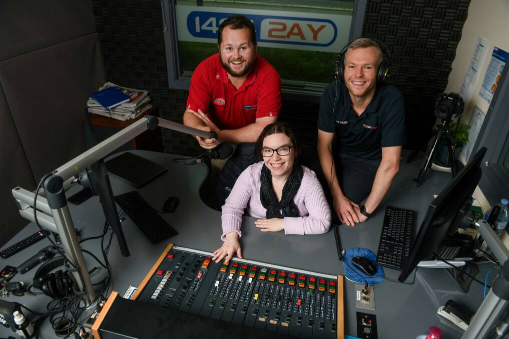 Radio 2AY announcers Gus MacLeod, Kathryn Hallinan and Blake 'Panda' Escott are nominated for various national commercial radio awards. Picture by Tara Trewhella 