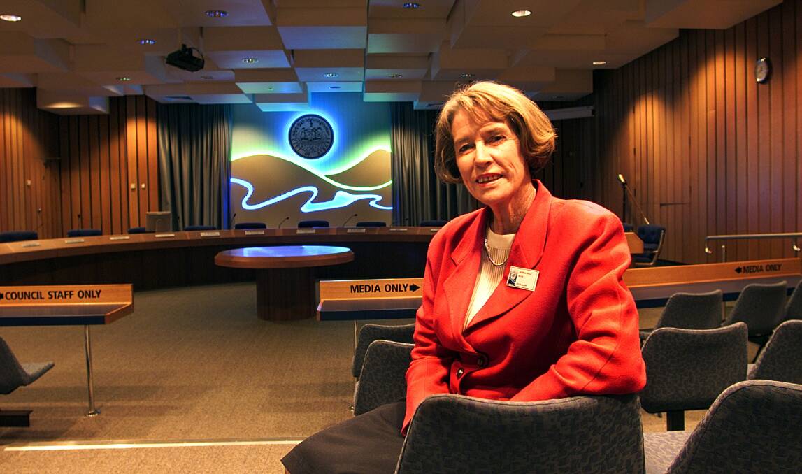 A second home, Patricia Gould in Albury's council chambers in 2002. The room became a familiar base for the Yarrawonga-born councillor from 1976 to 2016.