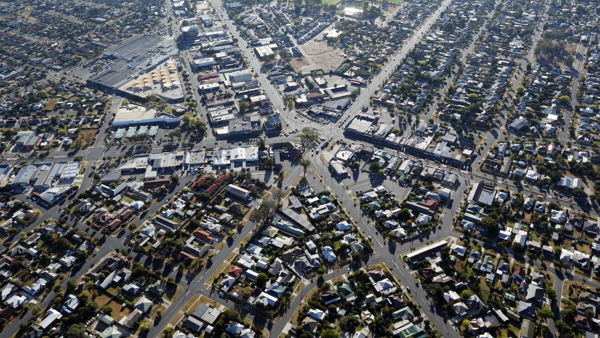 An aerial view of the Five Ways at Lavington showing approach roads that would have speed limits cut to 40kmh under an Albury Council plan. 