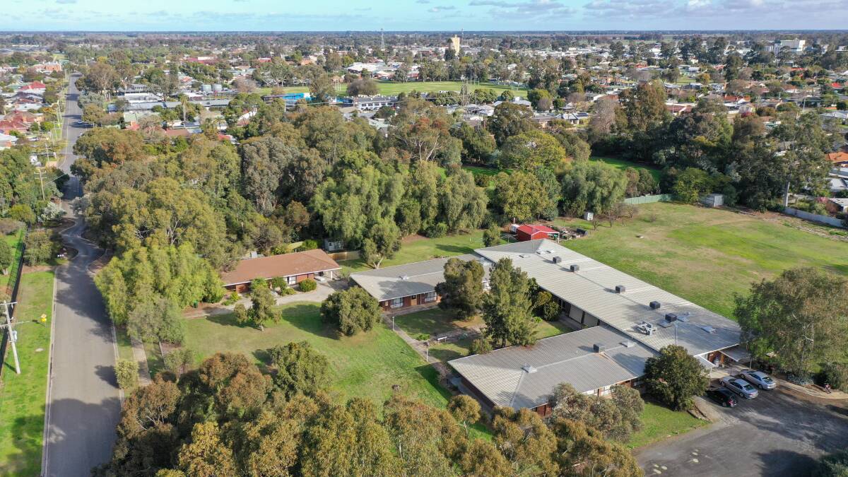 An aerial view of the Merriwa Grove accommodation, which was once a motel, looking south towards the Cobram town centre. Picture by Mark Jesser