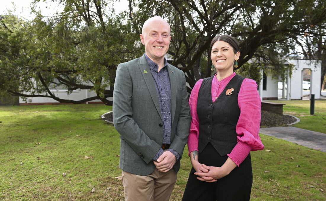 Greens election candidates Geoffrey Hudson and Ashley Edwards outside the Albury Council headquarters where they launched their tilt for the poll in September. Picture by Mark Jesser