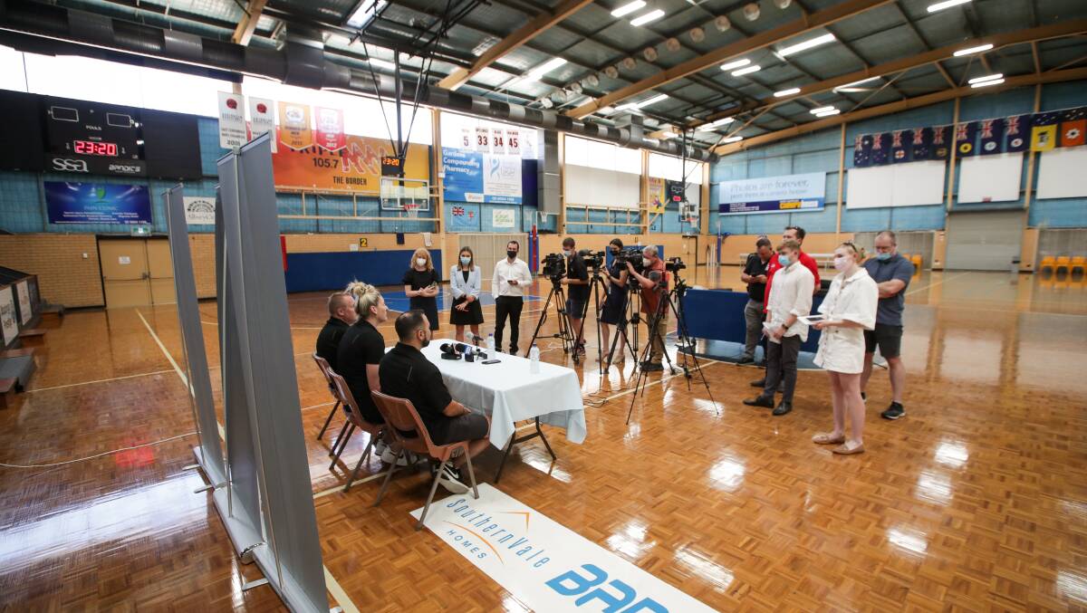 Basketballer Lauren Jackson speaks to the media in her namesake stadium which would benefit from three new courts and an aquatic centre if a plan backed by Albury Council came to be realised.