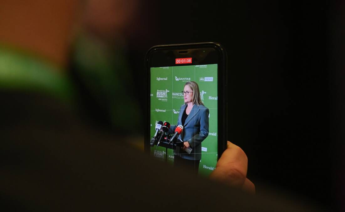 The media conference of Jacinta Allan is recorded by a journalist. Picture by Mark Jesser