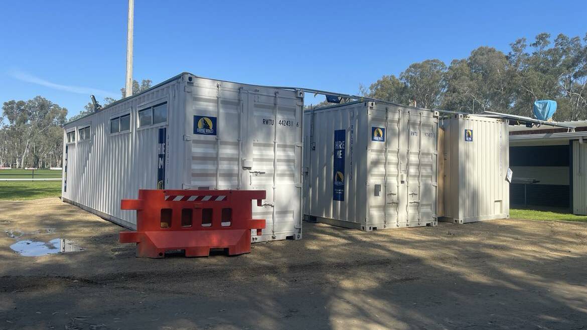 Shipping containers which have been placed at John Foord Oval to provide toilets and change areas for football and netball players.