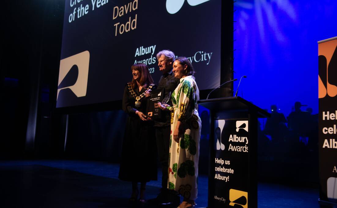 Stage regular David Todd soaks up the plaudits with mayor Kylie King and councillor Jess Kellahan after being awarded creative citizen of the year. Picture by Tara Trewhella