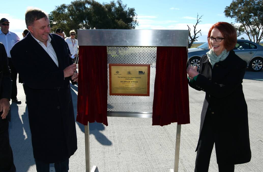 Then roads minister and now Prime Minister Anthony Albanese jointly opens the Holbrook bypass in 2013 with then Prime Minister Julia Gillard. The project cost $247 million. That is far less what the Victorian government believes is needed for a single intersection upgrade.