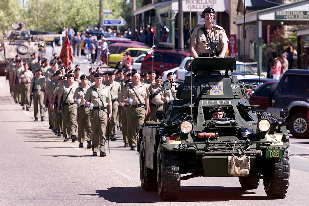 Members of the 4th/19th Prince of Wales's Light Horse Regiment parade through Beechworth in 2001 when they were granted freedom of entry into the town.