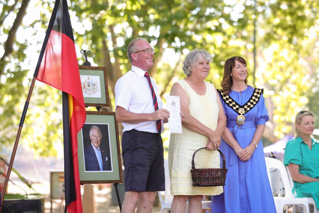 Albury mayor Kylie King, wearing her mayoral chain, presides over the 2023 Australia Day naturalisation ceremony held at Noreuil Park. Picture by James Wiltshire